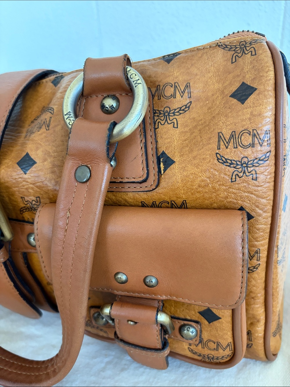 MCM Cognac Visetos coated canvas Logo Satchel w/2 Front Pockets - Picture 3 of 14